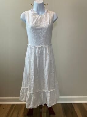 BlueBeri Boulevard Women Midi Dress Eyelet Embroidered Size M White